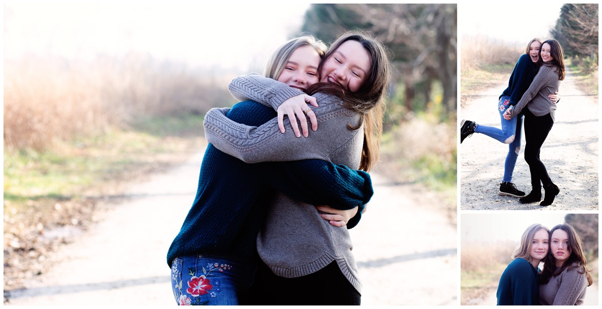 Sisters hugging at Blackacre Farm in Louisville, Ky.